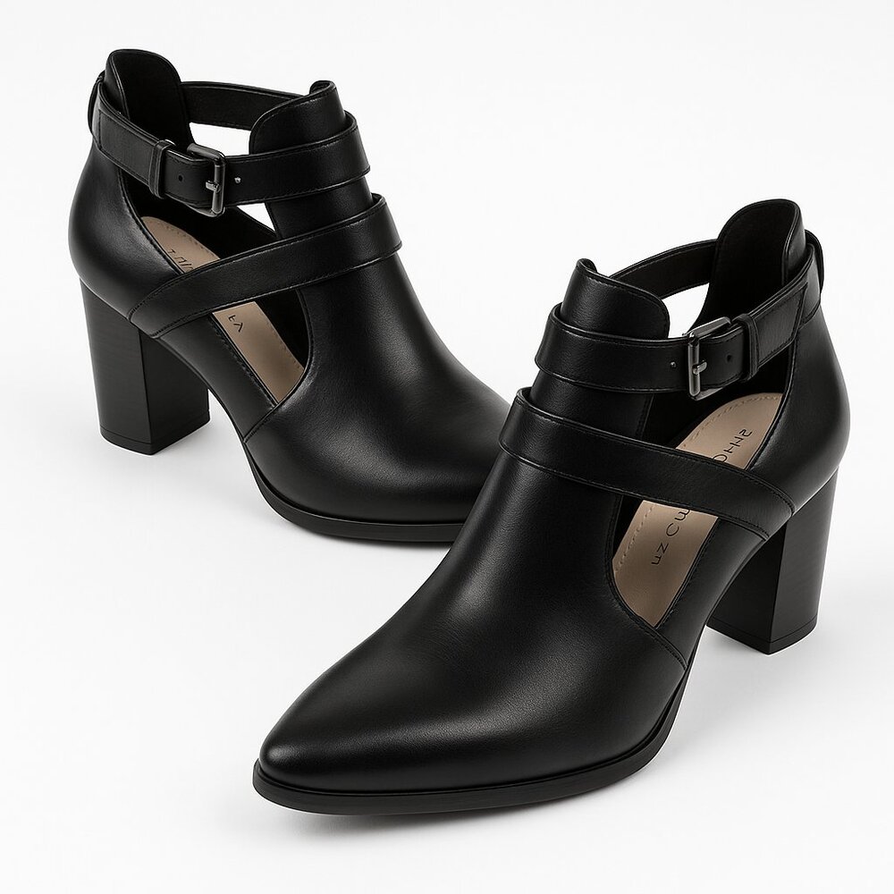 Liz Claiborne Camelia Black Leather Cut-Out Strap Booties — Pointed-Toe Size 10 - Picture 1 of 9